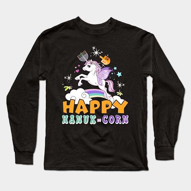 Chanukah Shirt For Women Happy Hanuk-Corn Jewish Unicorn Menorah Hanukkah Christmas Gift For Women Men Long Sleeve T-Shirt by Norine Linan 